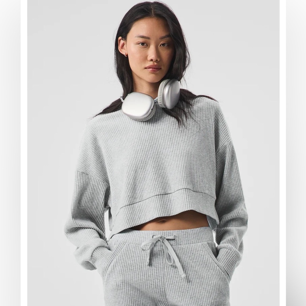 ALO Yoga Muse Set Gray Ribbed Pants and Hoodie